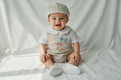 Beige and white linen Birthday teddy bear romper and blouse set
