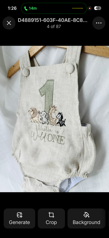 Beige and white linen and cotton baptism romper and linen shirt set