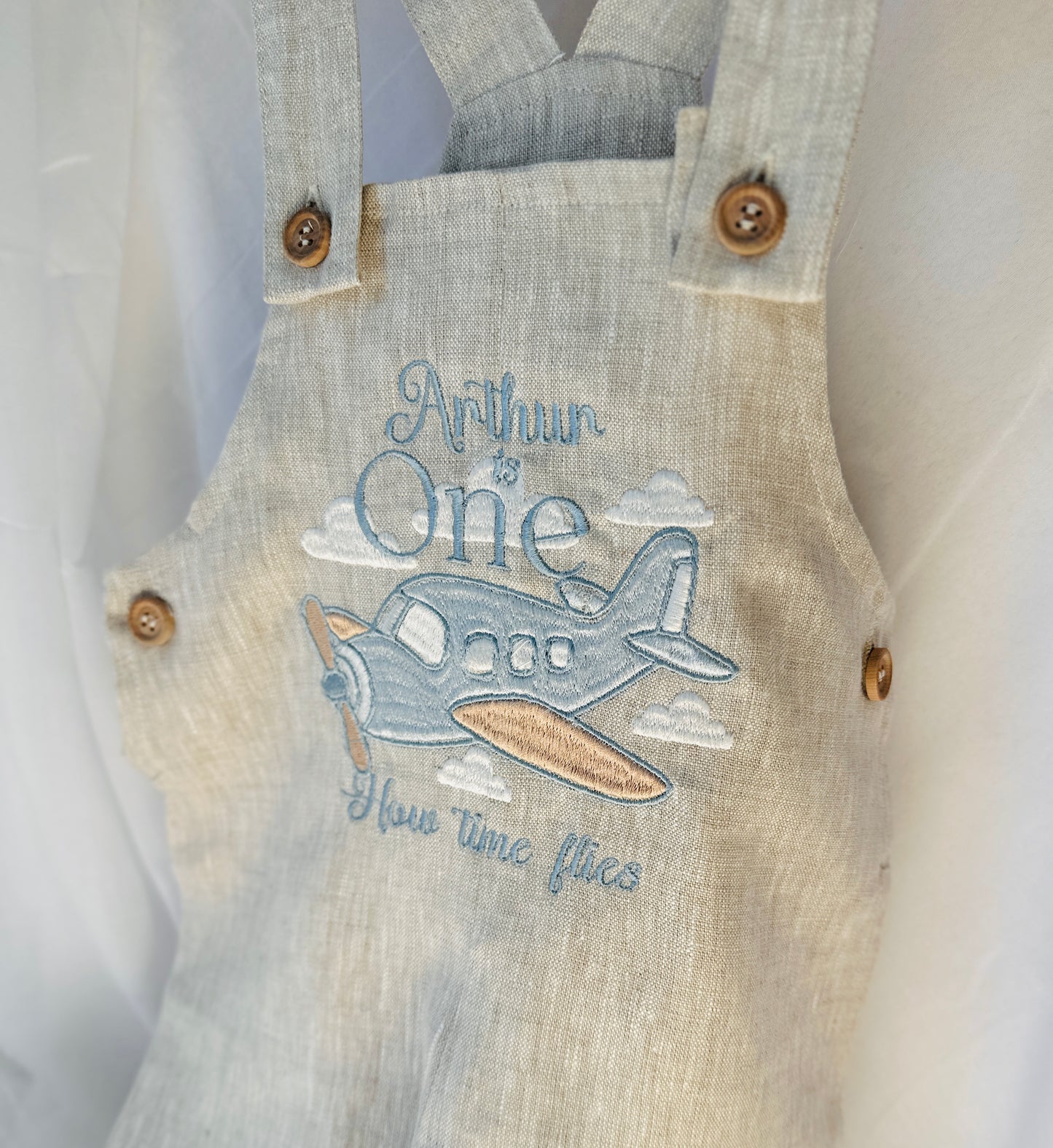 Boys Beige Linen Birthday overalls romper dungarees safari balloon fast car wild sea themes