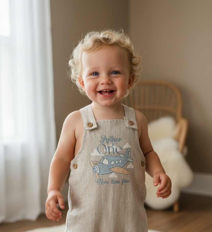 Boys Beige Linen Birthday overalls romper dungarees safari balloon fast car wild sea themes