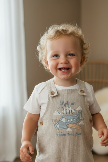 Boys Beige Linen Birthday overalls romper dungarees safari balloon fast car wild sea themes