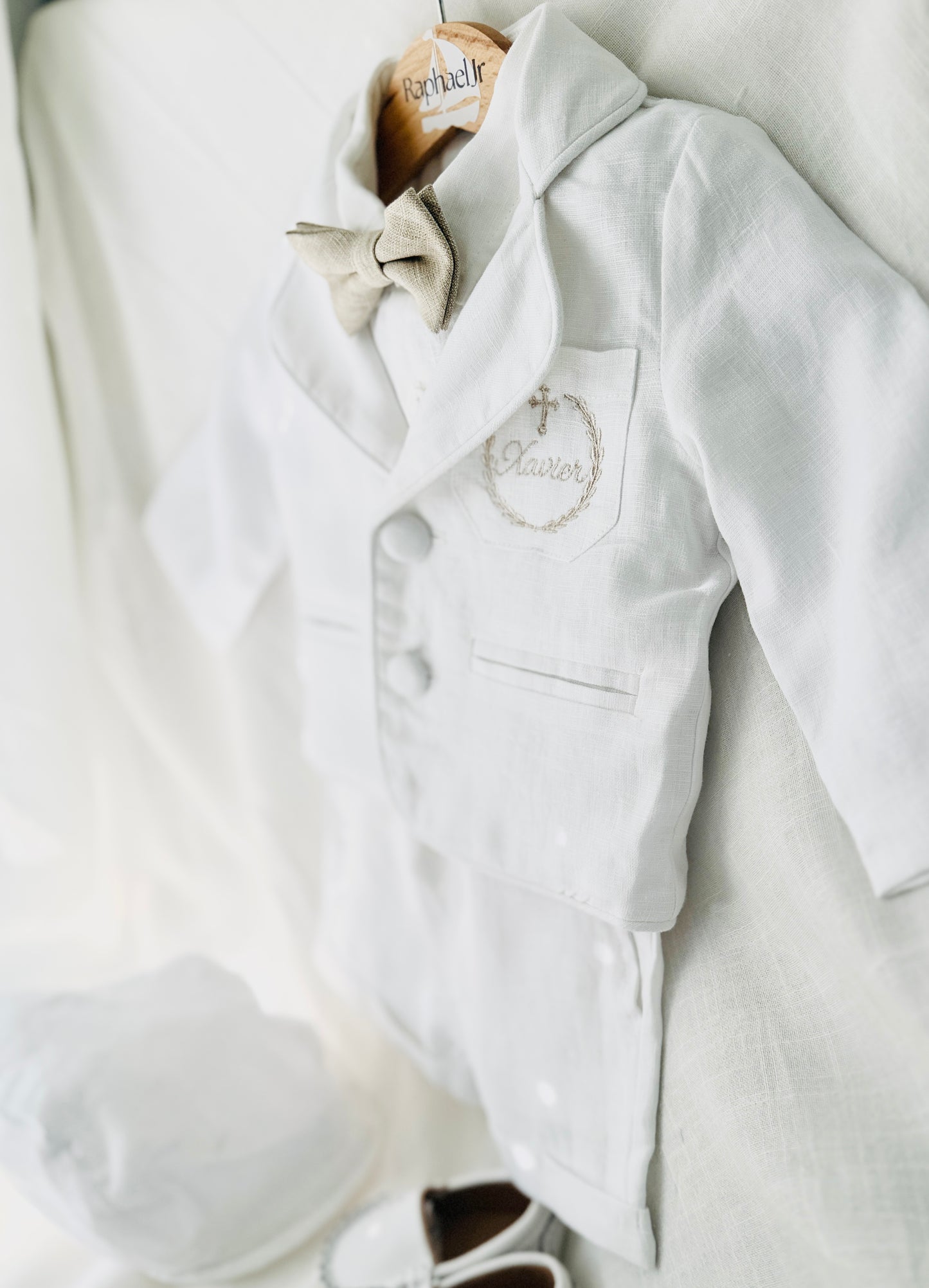 White linen summer Baptism set with shirt shorts suspenders bow tie and optional jacket