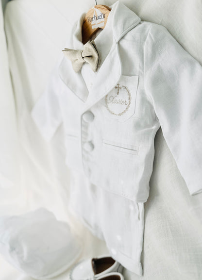 Boys white linen full 5 piece suit with vest, jacket, shirt, pants, suspenders and bow tie plus extras