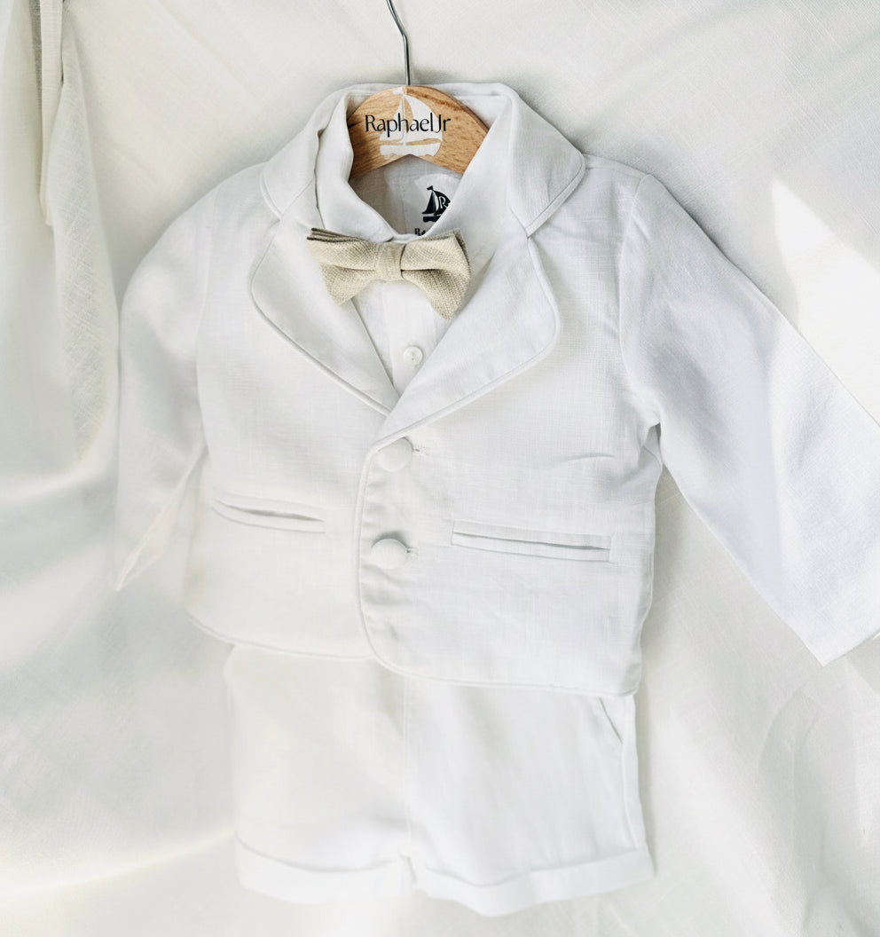 White linen summer Baptism set with shirt shorts suspenders bow tie and optional jacket