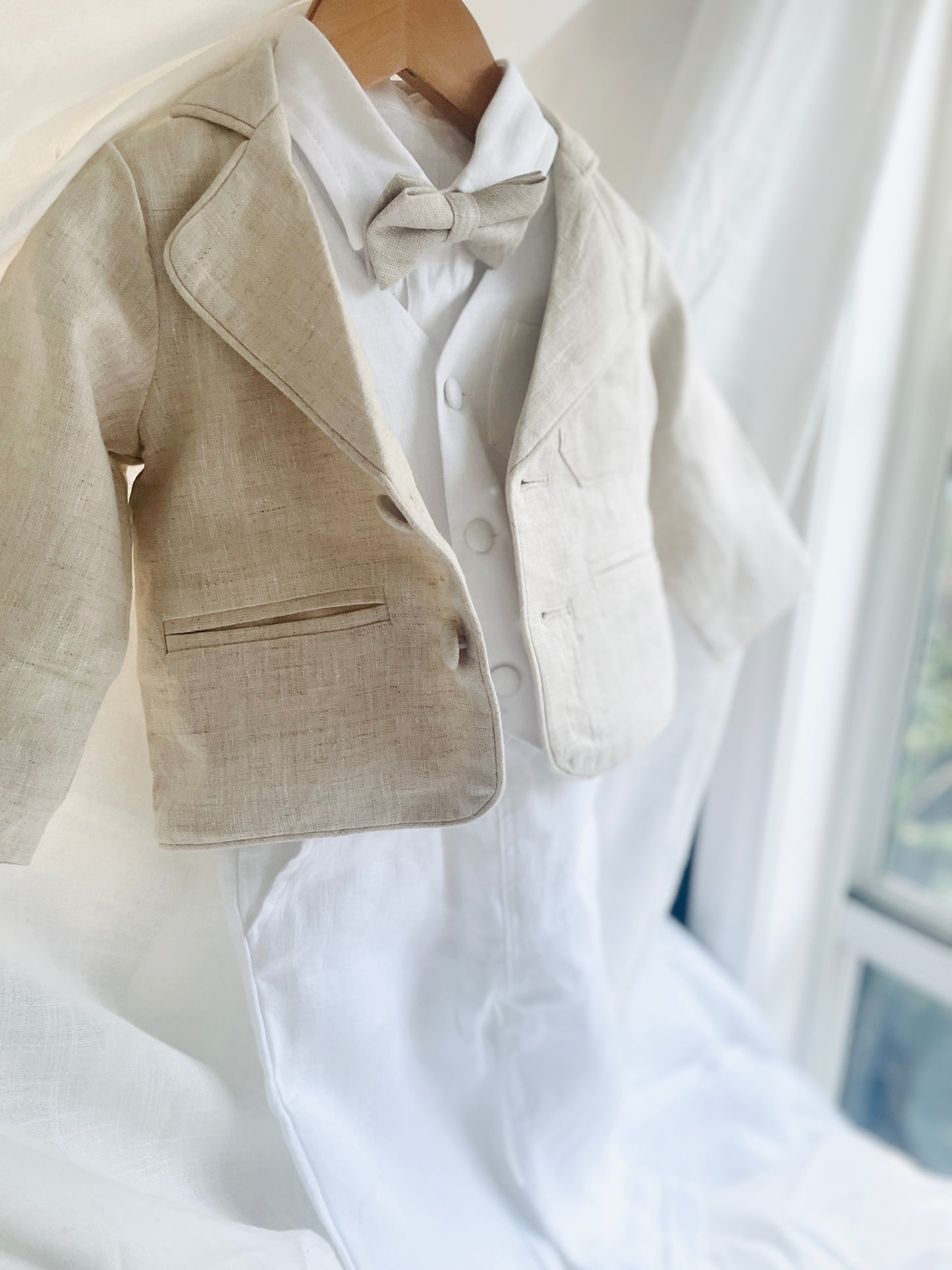 Boys White and Beige linen set with vest, shirt, pants, suspenders and bowtie plus optional jacket, cap and shoes