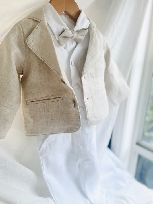 Boys White and Beige linen set with vest, shirt, pants, suspenders and bowtie plus optional jacket, cap and shoes