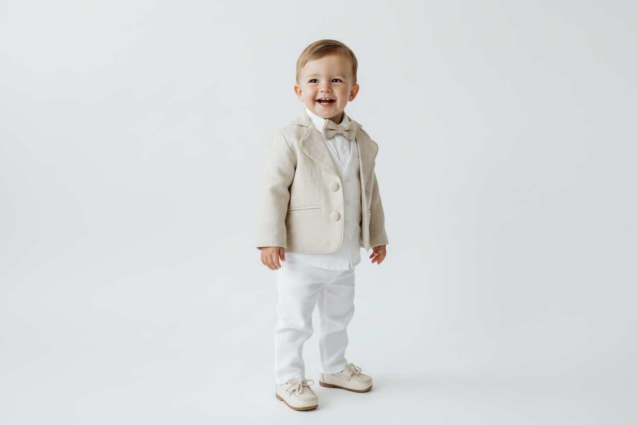 White linen vest suit with beige linen jacket and accessories