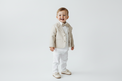 White linen vest suit with beige linen jacket and accessories