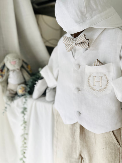 Boys white and beige linen Baptism and Wedding Outfit with vest, shirt, shorts, suspenders and bow tie