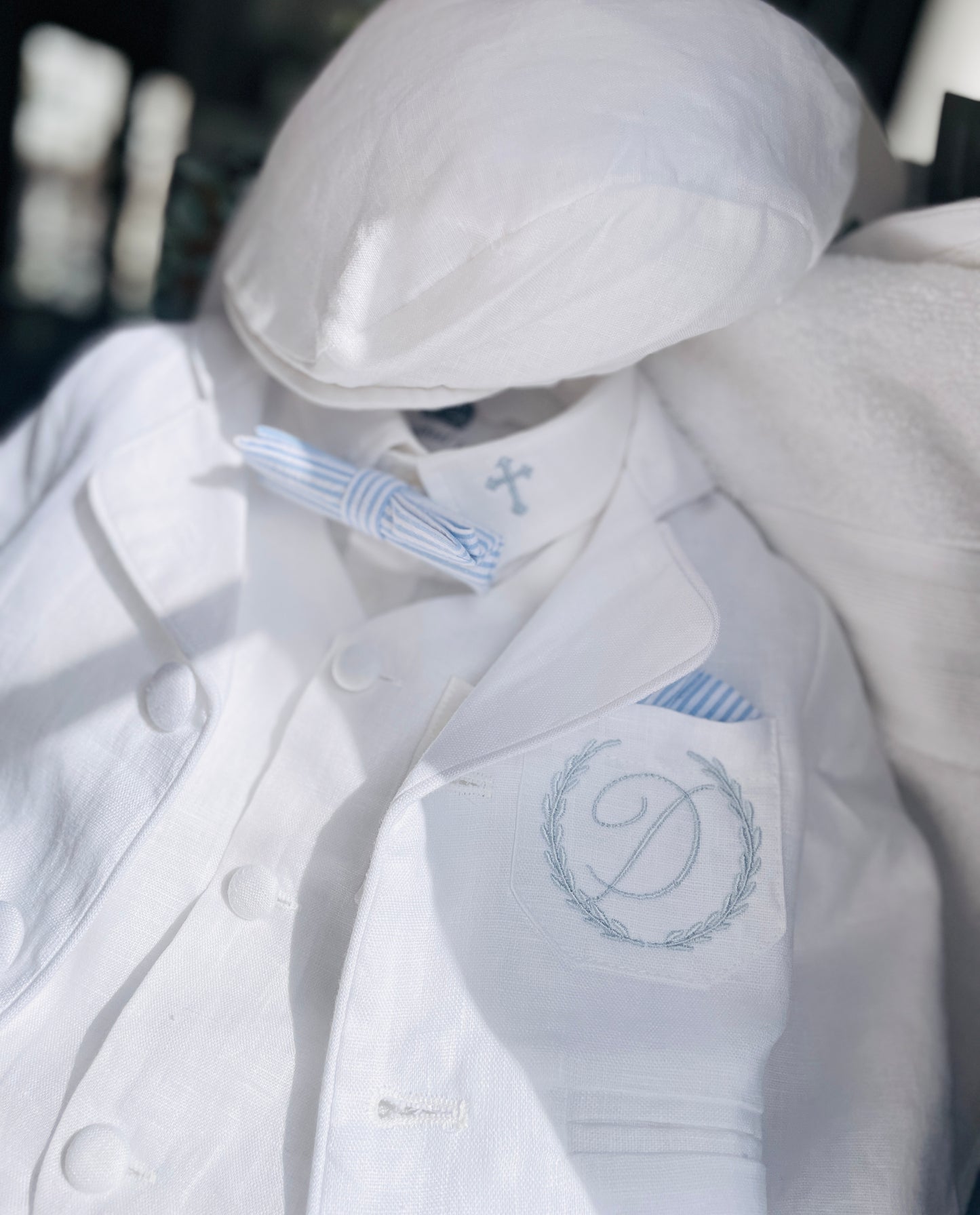 Boys White and Beige linen set with vest, shirt, pants, suspenders and bowtie plus optional jacket, cap and shoes