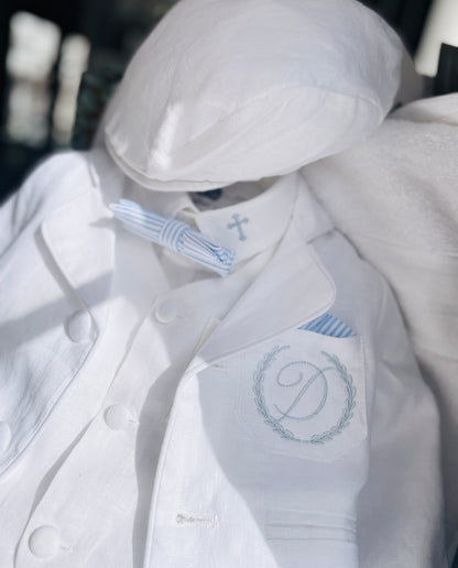 White linen vest suit with beige linen jacket and accessories