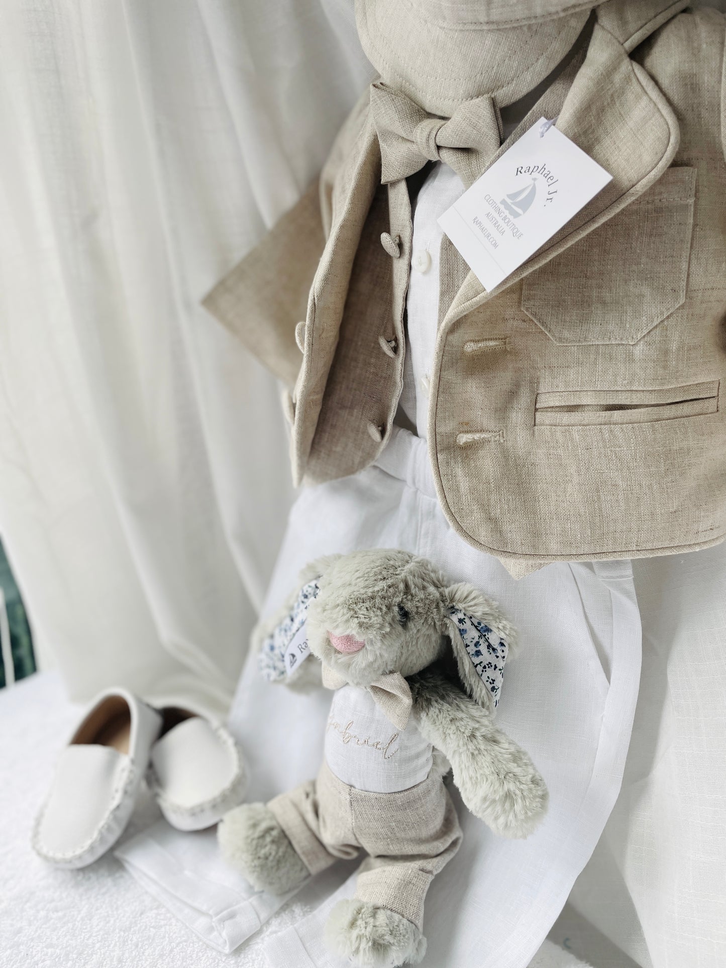 White and Beige Linen set with vest, shirt, pants, suspenders and bowtie plus optional jacket, cap and shoes