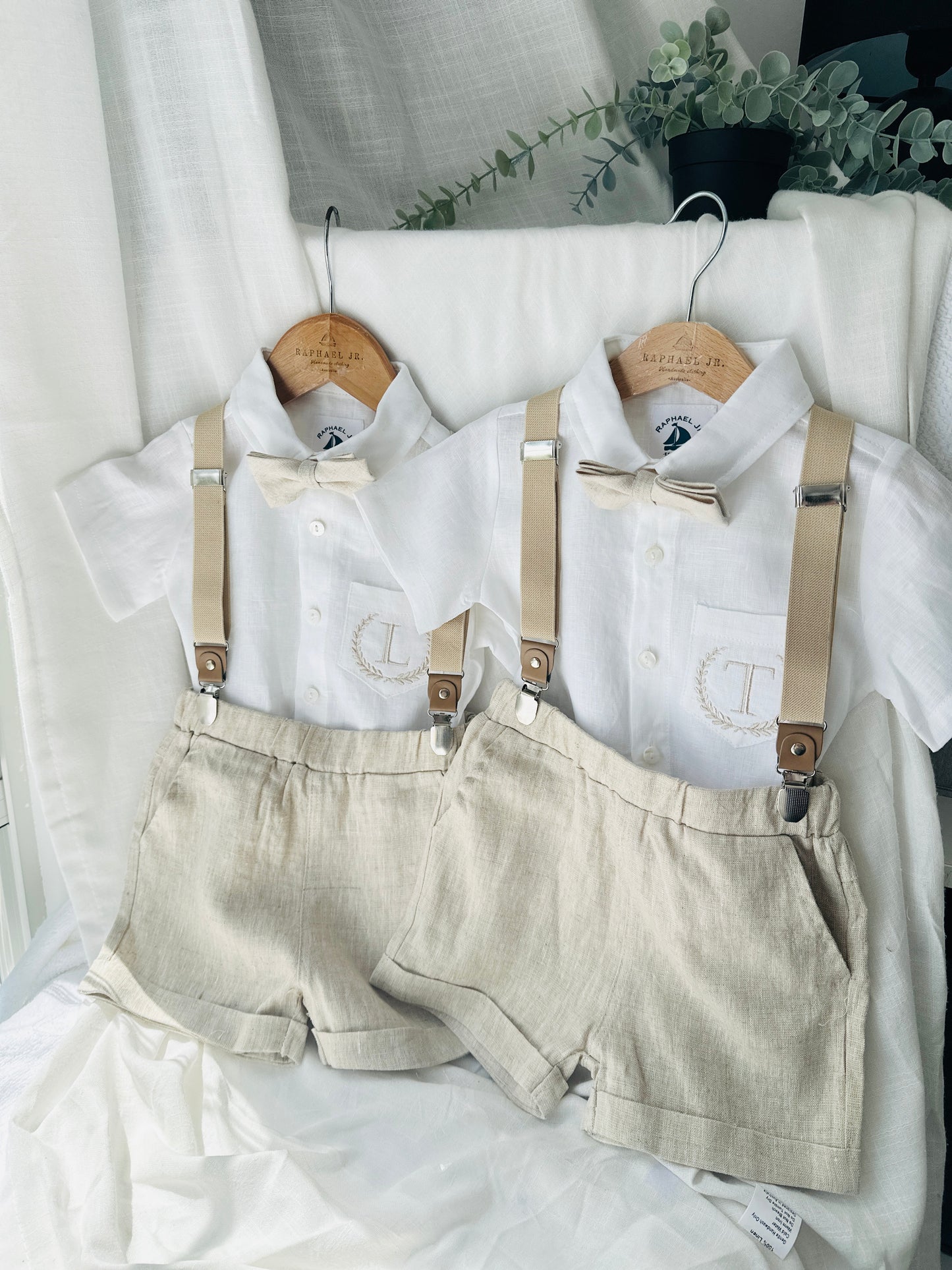 Beige Linen Baptism outfit with suspender shorts, shirt, and bow tie plus optional jacket and embroidery