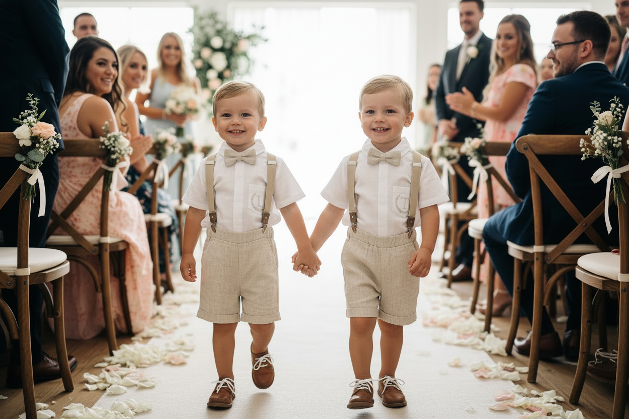 Beige Linen Baptism outfit with suspender shorts, shirt, and bow tie plus optional jacket and embroidery