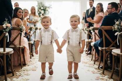 Beige Linen Baptism outfit with suspender shorts, shirt, and bow tie plus optional jacket and embroidery