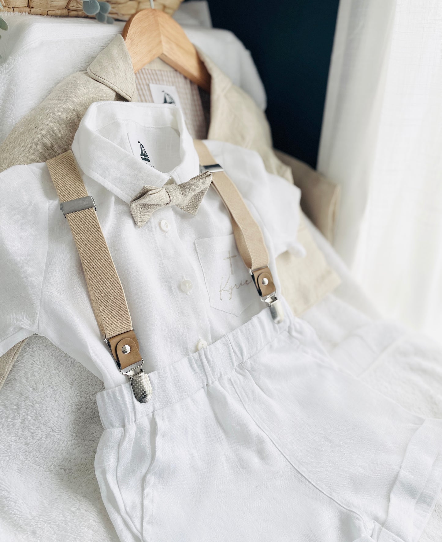 White and Beige Linen set with vest, shirt, pants, suspenders and bowtie plus optional jacket, cap and shoes