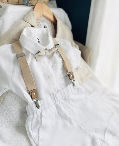 White and Beige Linen Set with optional Jacket Accessories and Embroidery