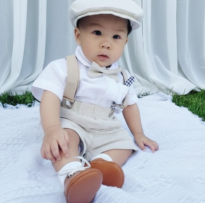 Beige Linen Baptism outfit with suspender shorts, shirt, and bow tie plus optional jacket and embroidery
