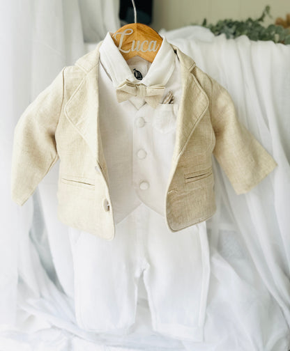 White linen vest suit with beige linen jacket and accessories