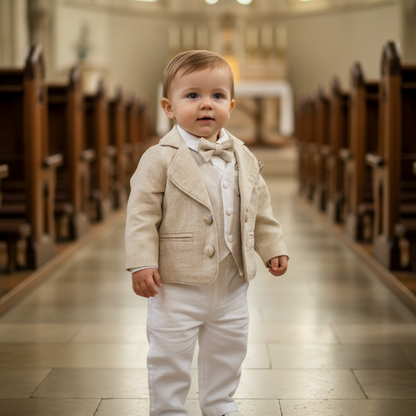 White linen vest suit with beige linen jacket and accessories