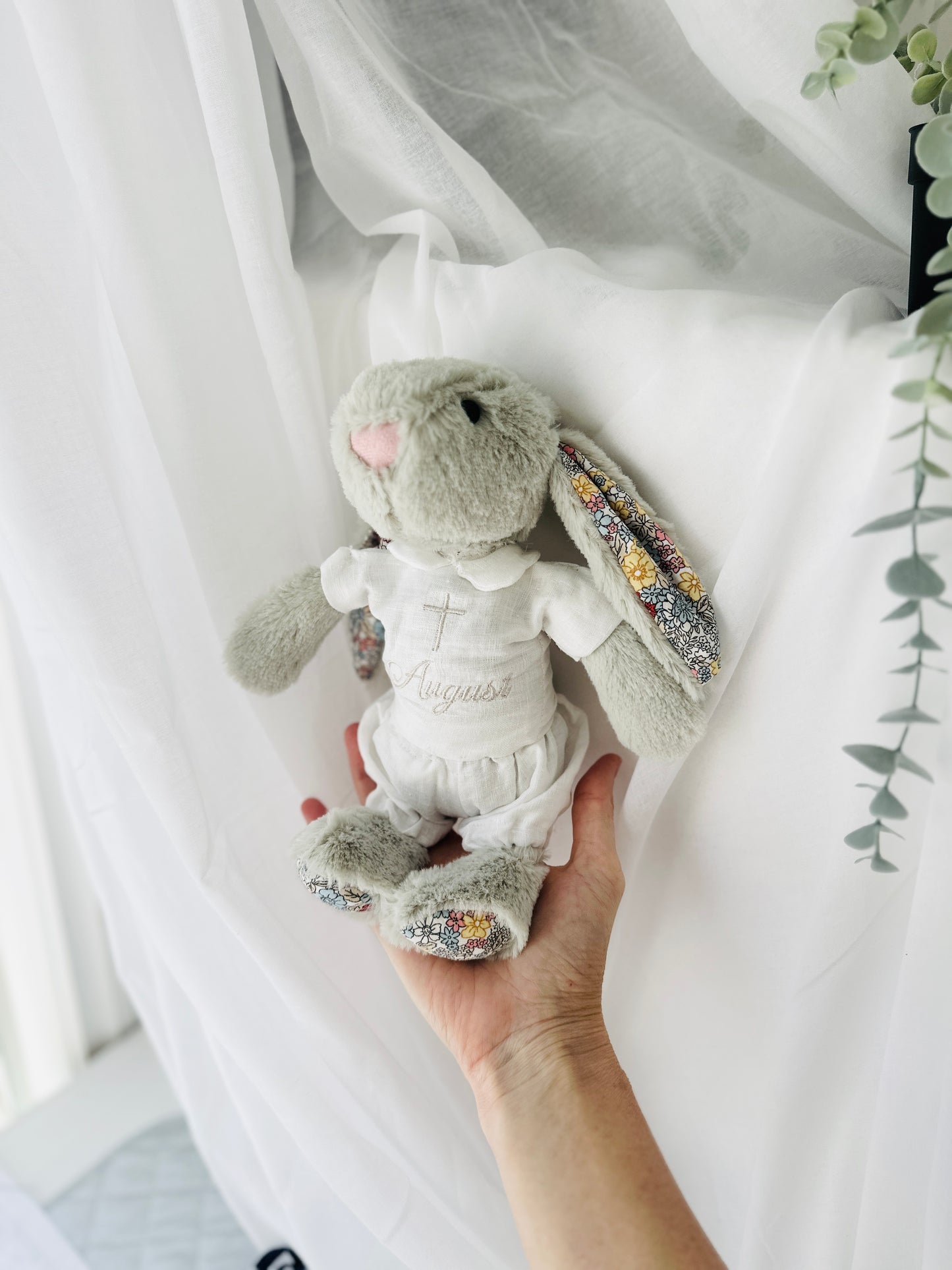 Beige linen baptism and birthday romper and shirt set