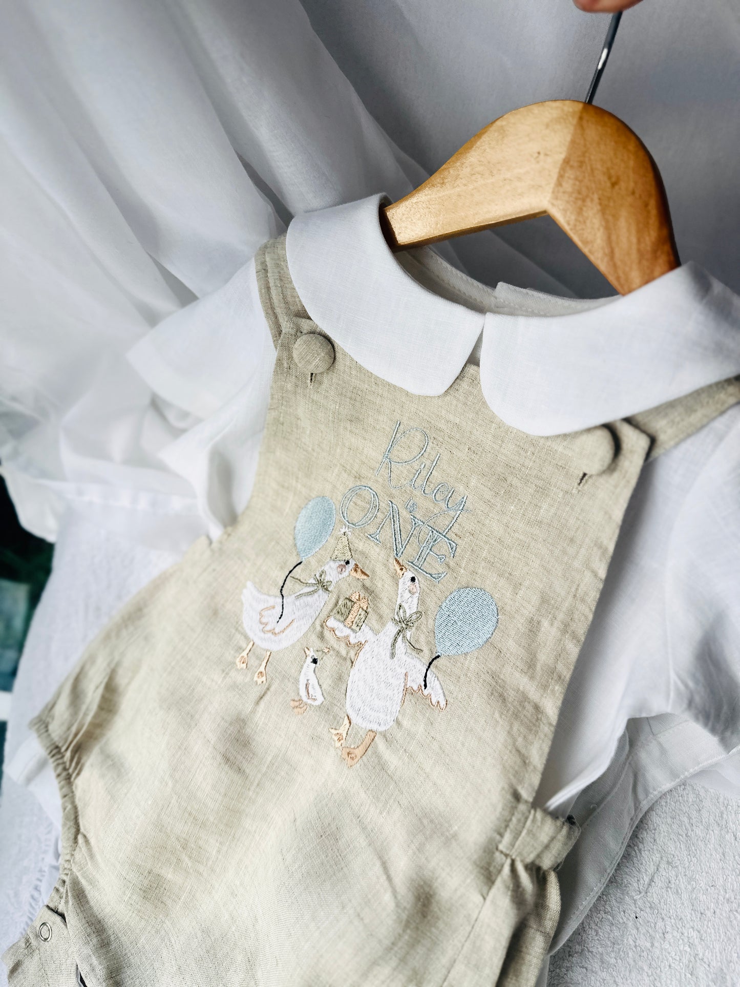 Beige and white linen Birthday and Baptism romper and blouse set