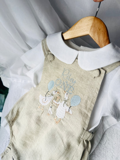 Beige and white linen Birthday and Baptism romper and blouse set