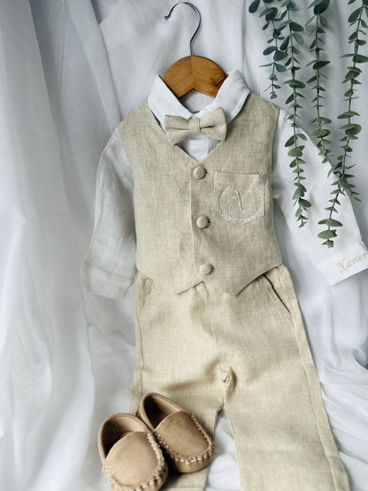 Beige Linen vest suit, shirt, pants, suspenders and bowtie plus optional jacket, cap and shoes