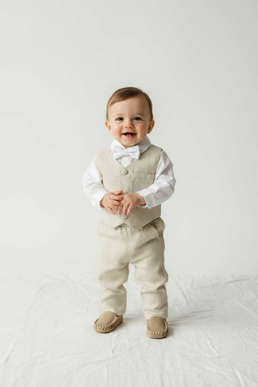 Beige Linen vest suit, shirt, pants, suspenders and bowtie plus optional jacket, cap and shoes