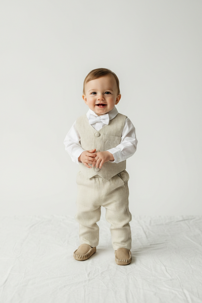 Beige Linen vest suit, shirt, pants, suspenders and bowtie plus optional jacket, cap and shoes