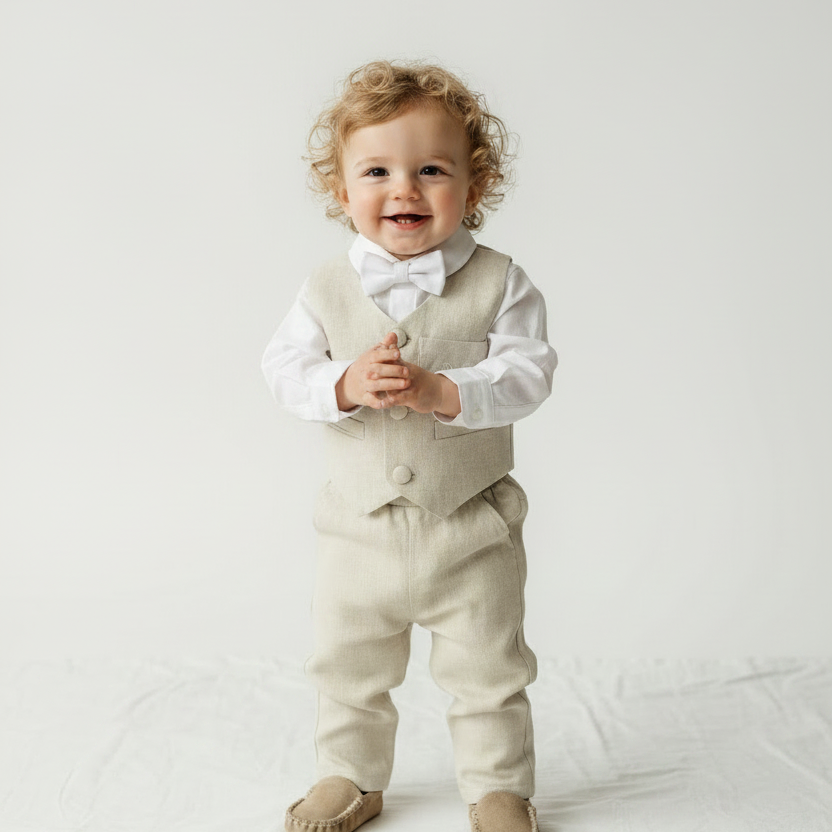 Beige Linen vest suit, shirt, pants, suspenders and bowtie plus optional jacket, cap and shoes