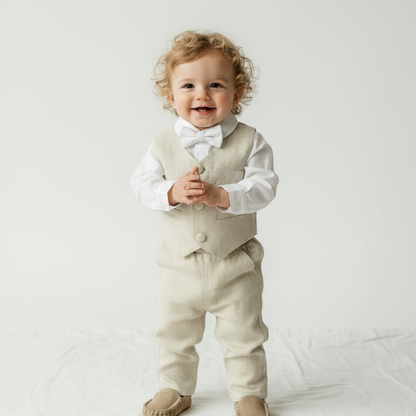 Beige Linen vest suit, shirt, pants, suspenders and bowtie plus optional jacket, cap and shoes