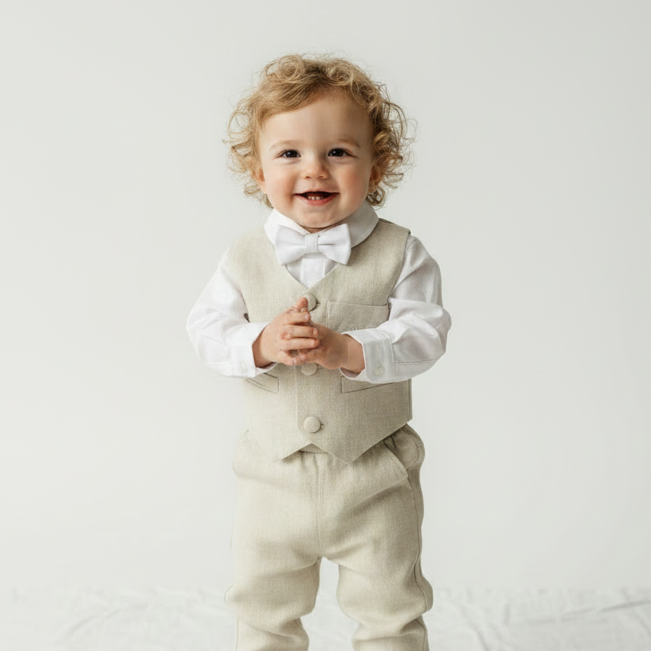 Beige Linen vest suit, shirt, pants, suspenders and bowtie plus optional jacket, cap and shoes