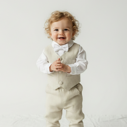 Beige Linen vest suit, shirt, pants, suspenders and bowtie plus optional jacket, cap and shoes
