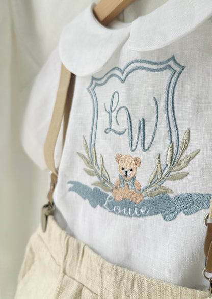Beige and white linen Birthday and Baptism blouse with suspender shorts set