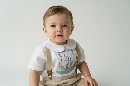 Beige and white linen Birthday and Baptism blouse with suspender shorts set