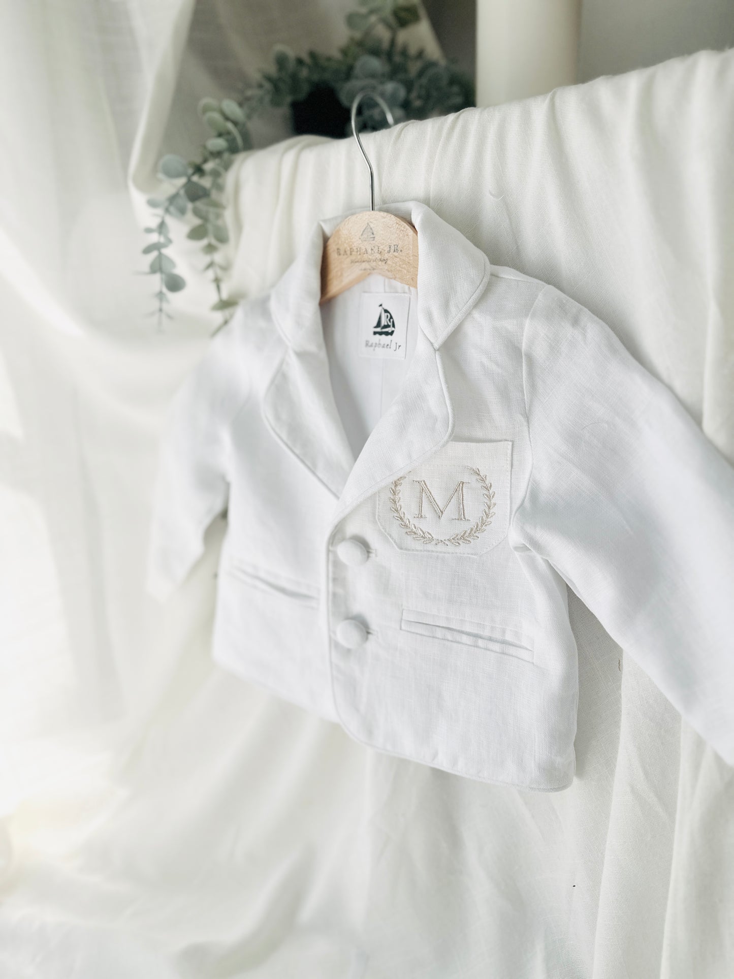 Boys White linen Baptism blazer jacket with optional embroidery