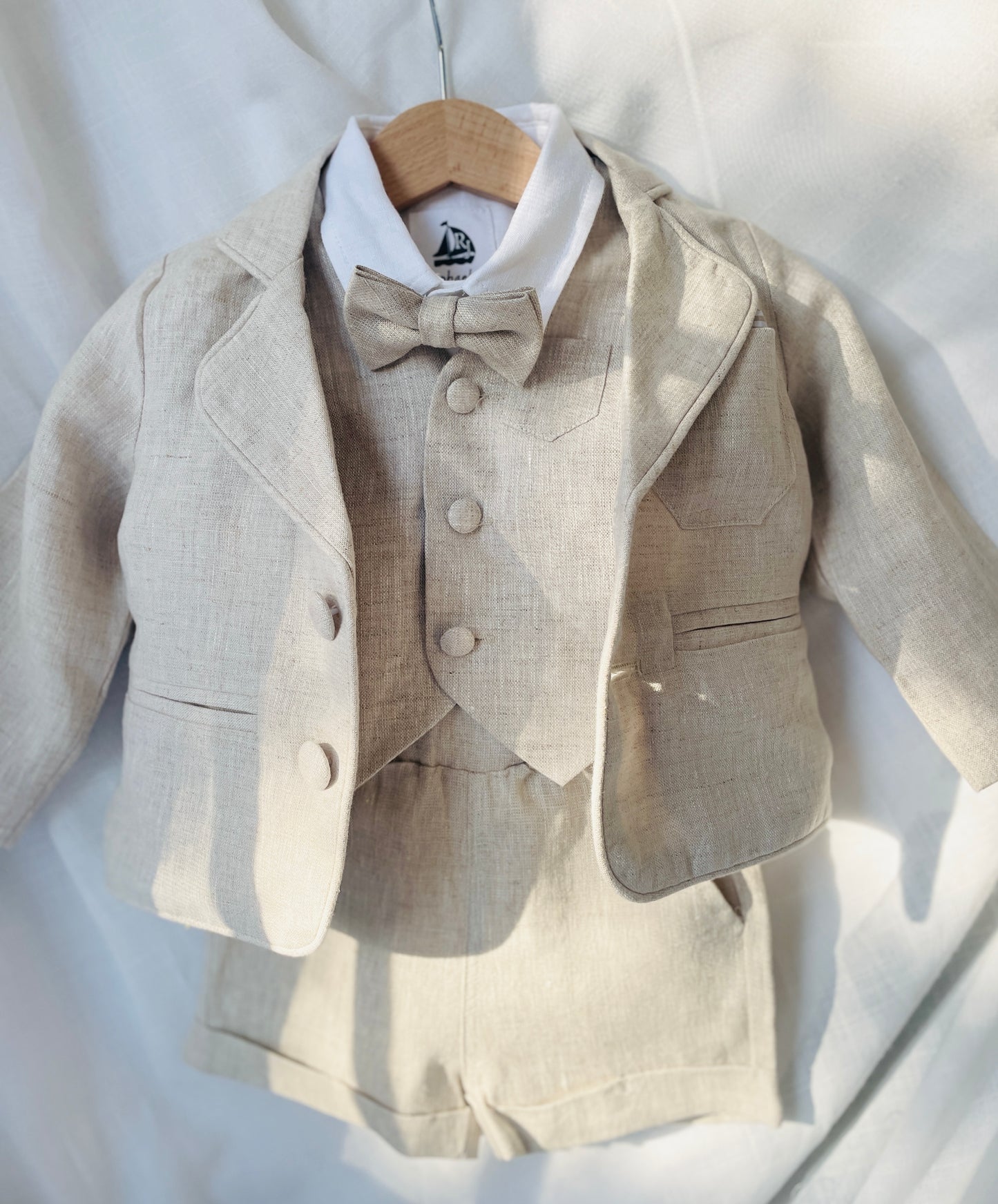 Beige Linen Shorts Shirt Suspenders and Vest set with Optional Cap Jacket and Embroidery
