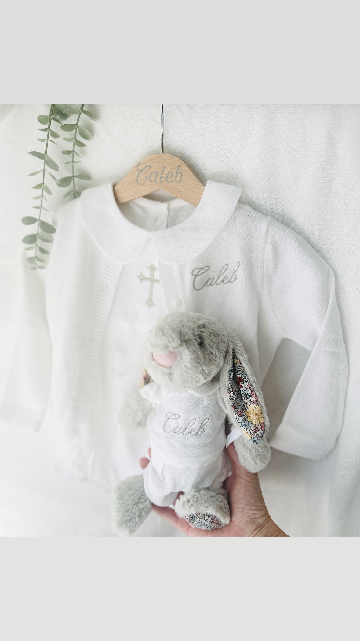 White Linen Unisex Baptism Gown romper with detachable skirt dress and optional embroidery