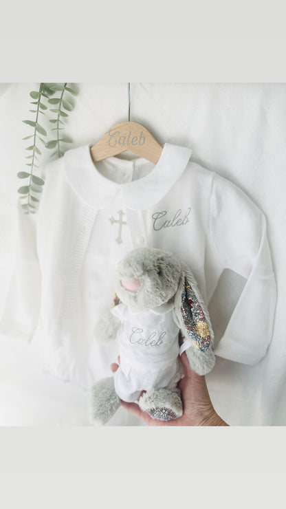 White Linen Unisex Baptism Gown 3/4 length romper with detachable skirt