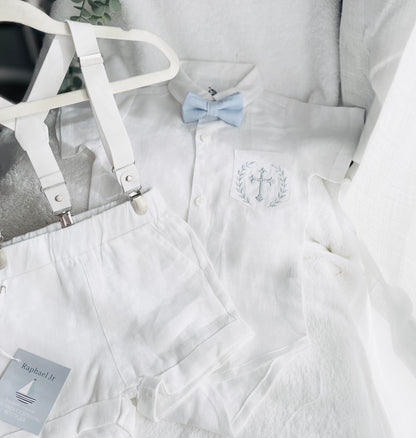 White linen summer Baptism outfit with suspender shorts, shirt, bowtie plus optional extras