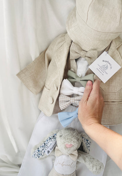 White and Beige Linen set with vest, shirt, pants, suspenders and bowtie plus optional jacket, cap and shoes