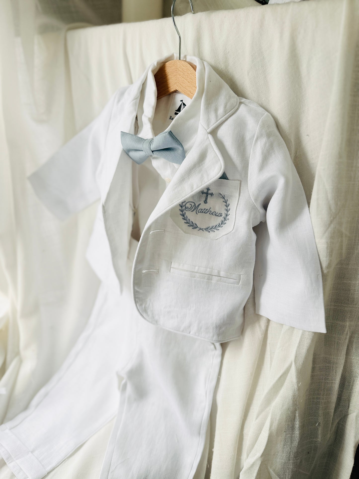 White linen Baptism suit set with pants, shirt, suspenders and bowtie plus optional jacket and extras