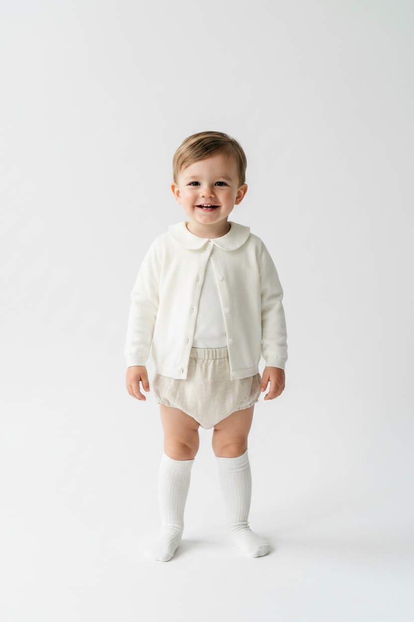 Baptism outfit with cotton onesie and cardigan or jumper and beige linen bloomers and white socks
