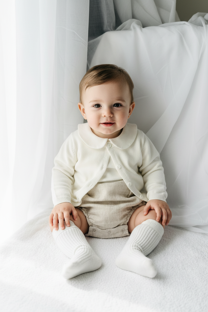 Baptism outfit with cotton onesie and cardigan or jumper and beige linen bloomers and white socks