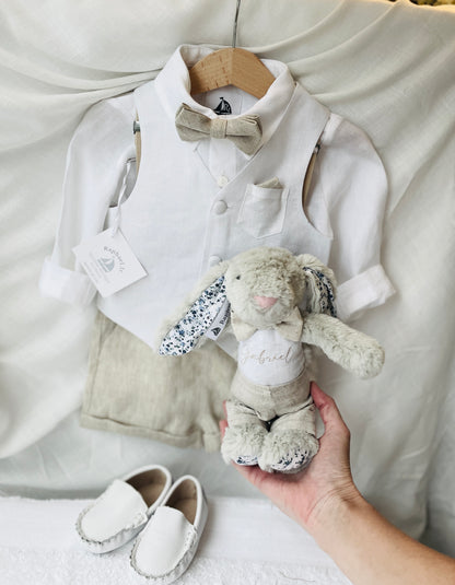 Boys white and beige linen Baptism and Wedding Outfit with vest, shirt, shorts, suspenders and bow tie