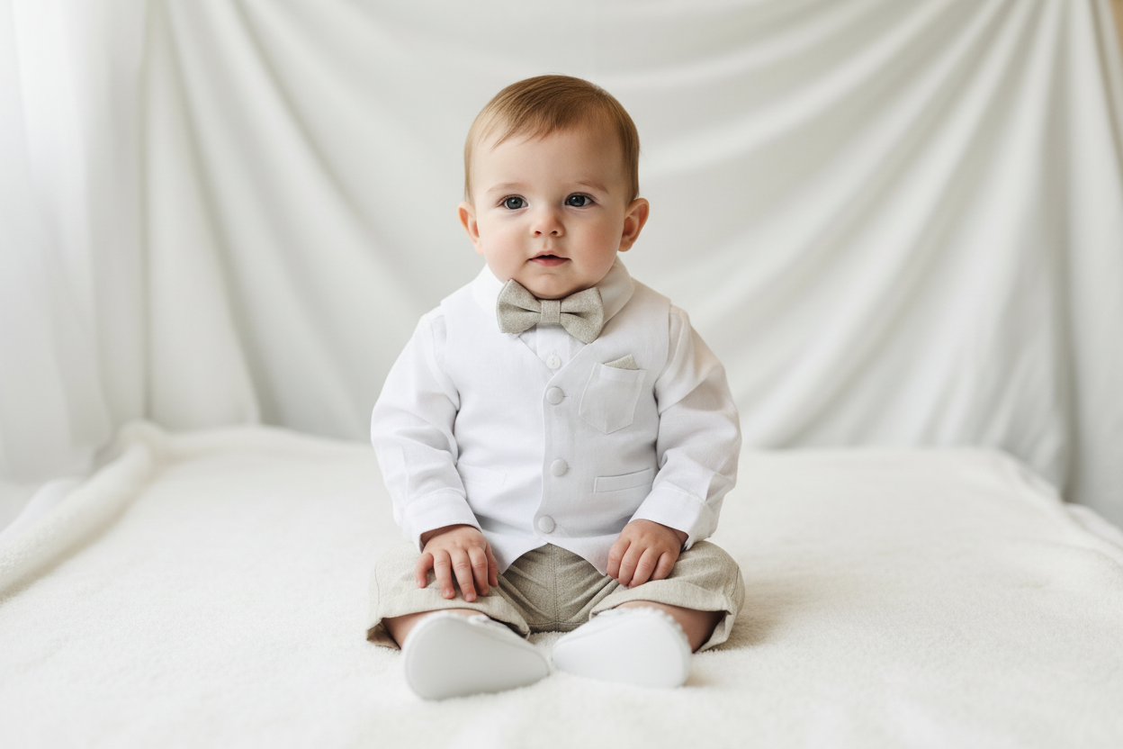 Boys white and beige linen Baptism and Wedding Outfit with vest, shirt, shorts, suspenders and bow tie