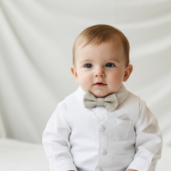 Boys white and beige linen Baptism and Wedding Outfit with vest, shirt, shorts, suspenders and bow tie