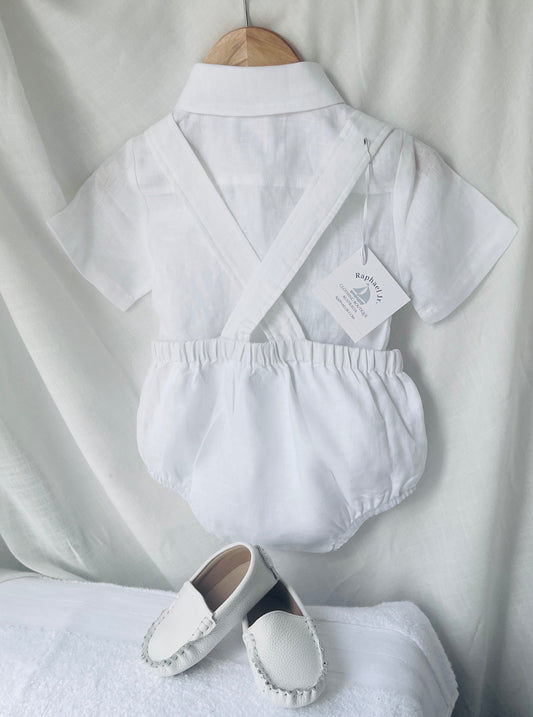 White linen Baptism romper overalls and linen shirt set