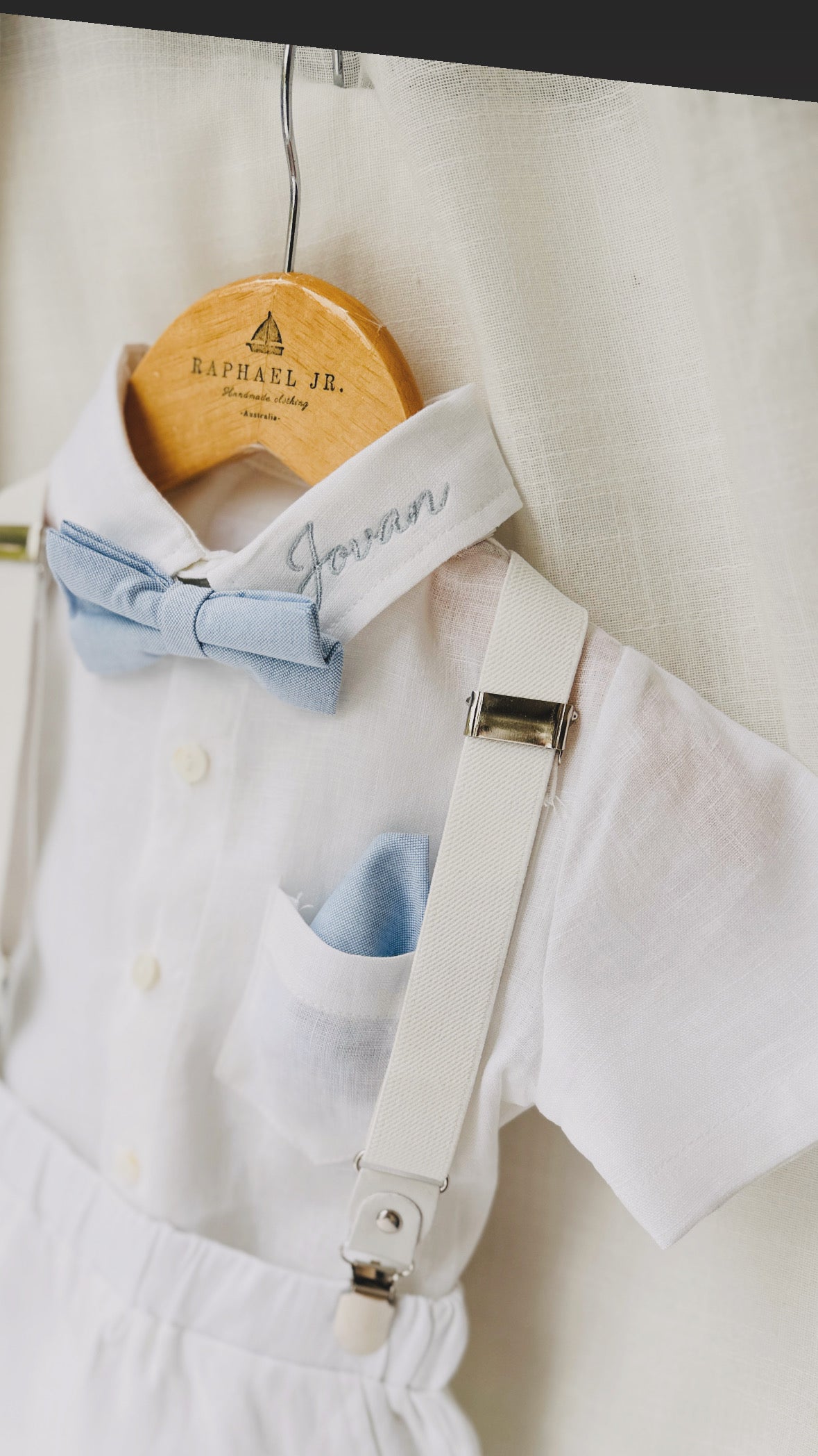 Boys pale blue and white set with vest, pants, linen shirt, bowtie and suspenders, plus optional jacket cap and shoes